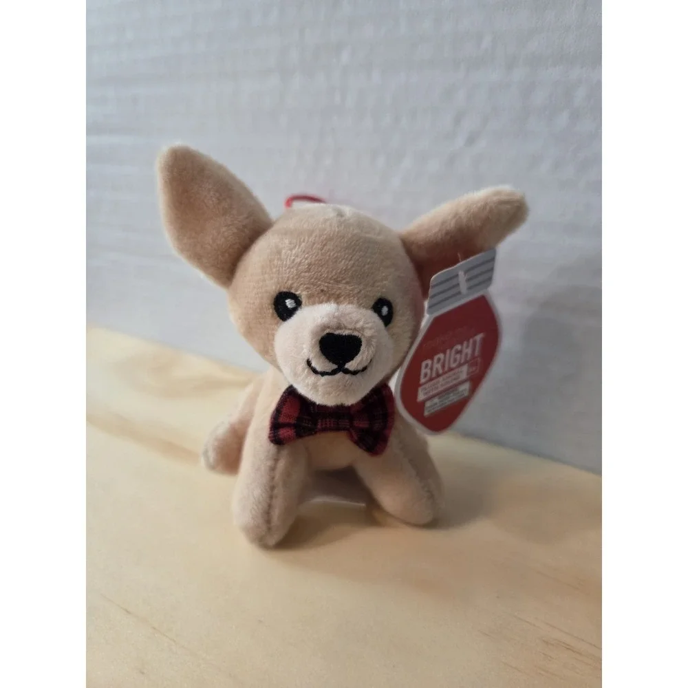 Christmas Ornament Chiwawa Bow Tie Plush Lights‎ Music Wish you Merry Dog Brown